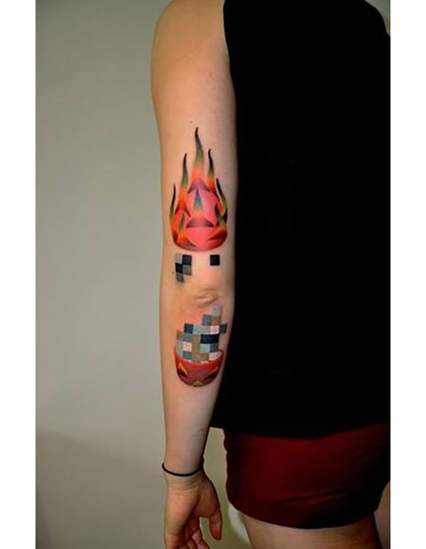 Dragonfruit Split in Half with Pixelated Insides Elbow Tattoo Designs Tattoo on skin