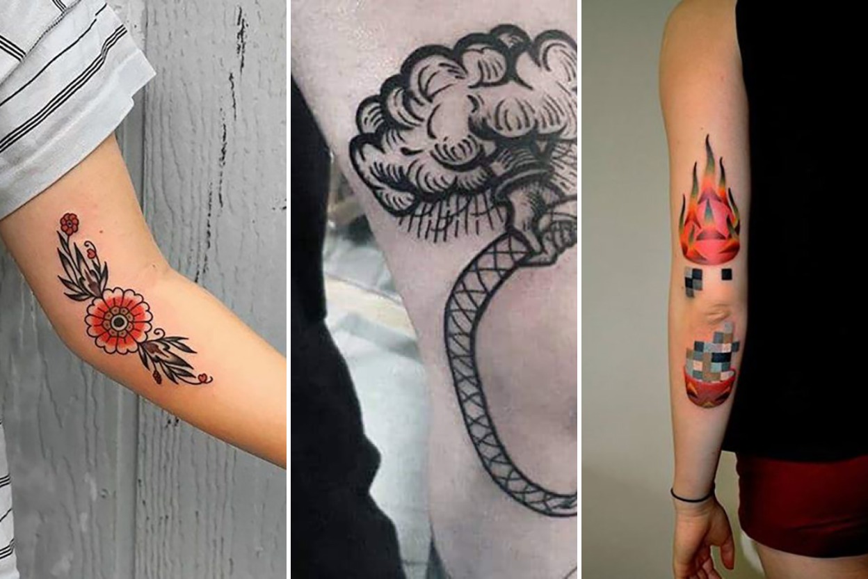 32+ Striking Elbow Tattoos Contoured to Flow With Joint Movement Featured 3-Panel Lookbook Collage