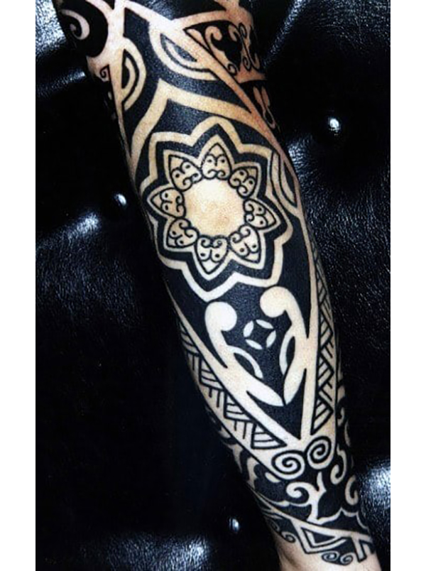 Intricate Black and White Tattoo on Elbow elbow tattoos
