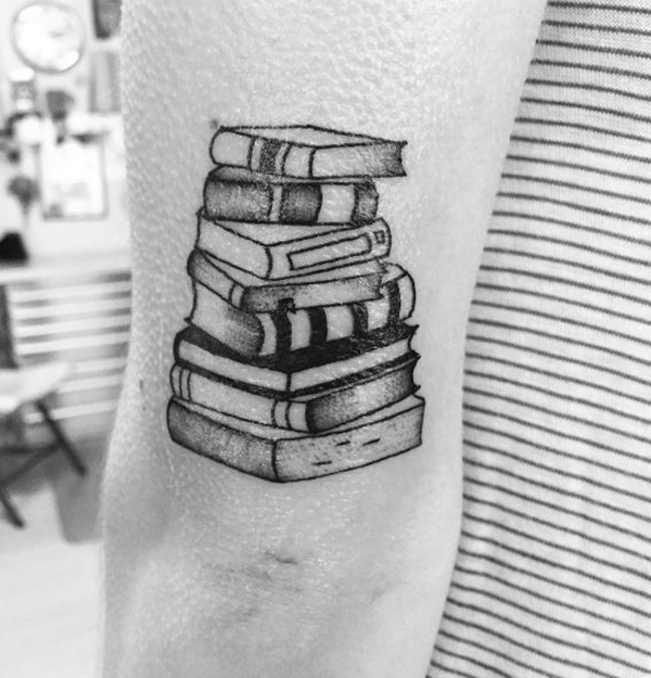 Tall Stack of Hardcover Books Elbow Tattoo Ideas Tattoo on skin