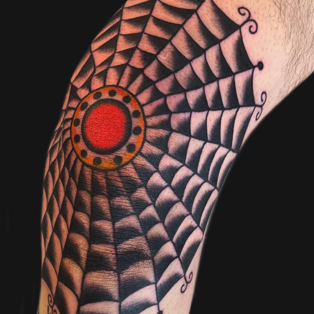 Web with Colored Center Disk Elbow Tattoo Ideas Tattoo on skin