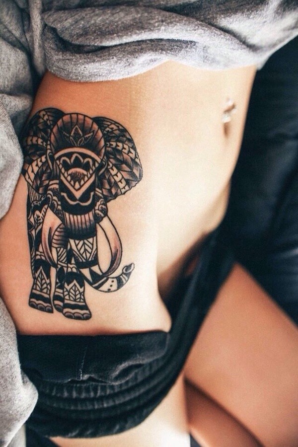 Bold Tribal Mandala Elephant Hip and Flank Tattoo Tattoo on skin