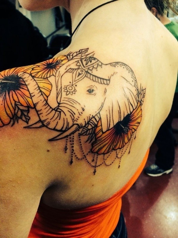 Crowned Elephant with Orange Hibiscus Shoulder Tattoo Tattoo on skin
