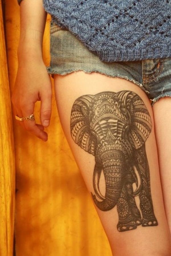 Grand Geometric Mandala Bull Elephant Outer Thigh Tattoo Tattoo on skin