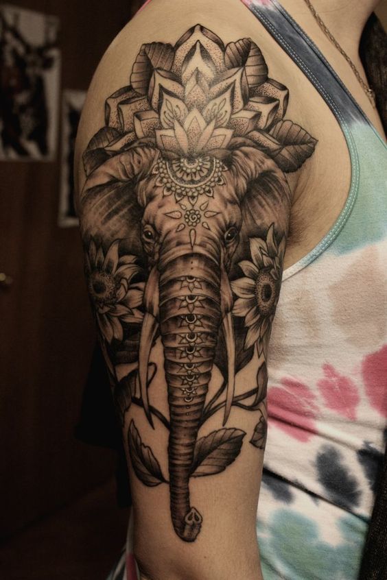 Mandala Crown Elephant with Sunflowers Upper Arm Tattoo elephant tattoos on forearm