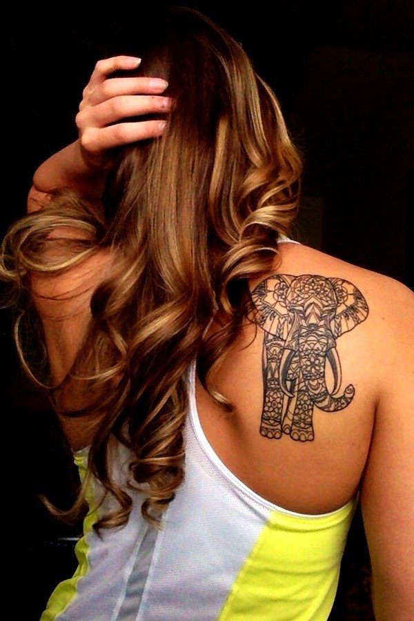 Mandala Floral Patterned Elephant Back Shoulder Tattoo Tattoo on skin