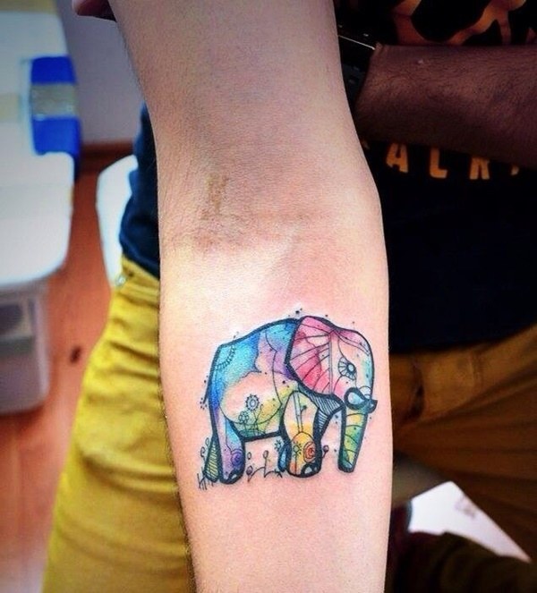 Vibrant Watercolor Splatter Elephant Forearm Tattoo Tattoo on skin
