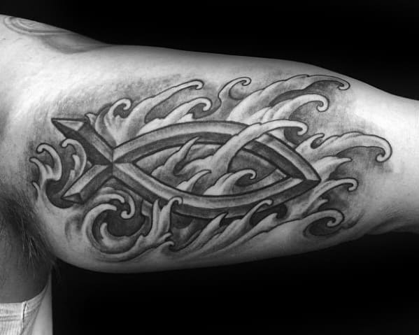 Fish Peace Sign in Rocky Waves Faith Tattoo Design Tattoo on skin