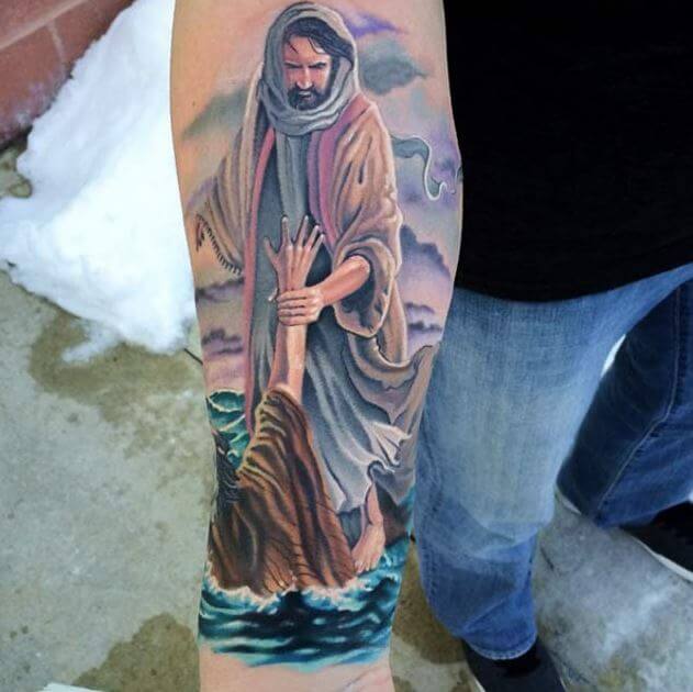 Jesus Walking On Water Colored Faith Tattoo Tattoo on skin