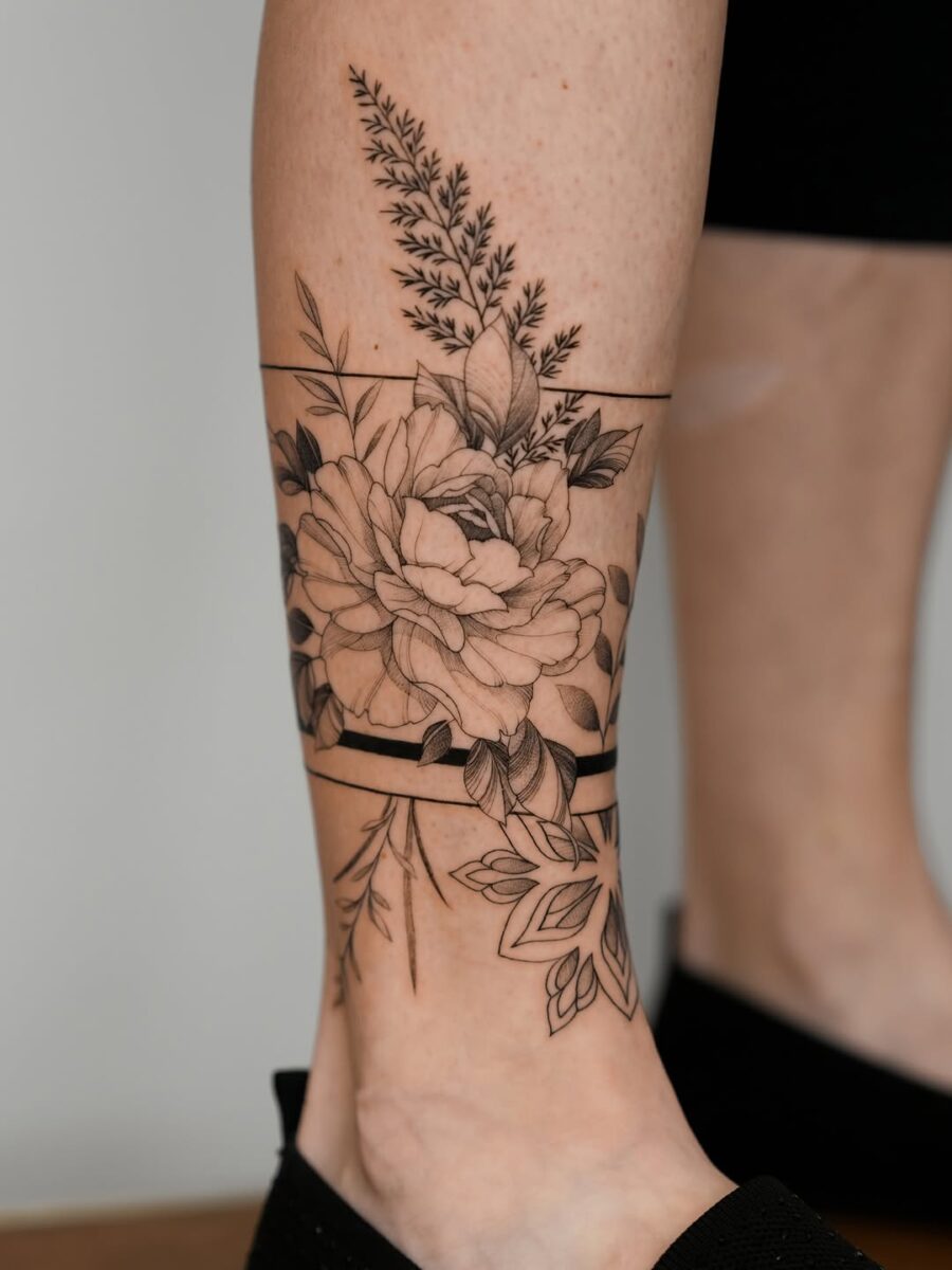 Elegant ankle tattoo with floral designs Tattoo on skin