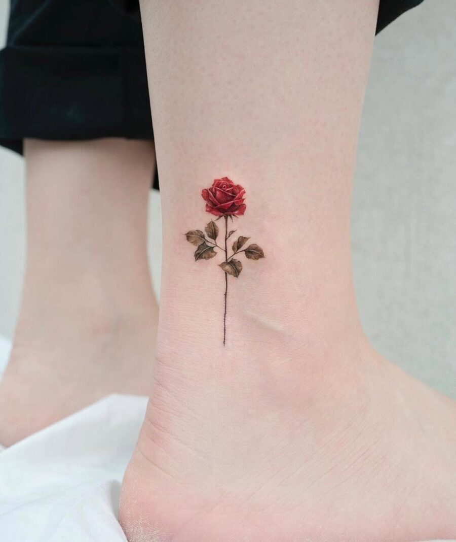 Elegant Red Rose Ankle Tattoo Design Tattoo on skin