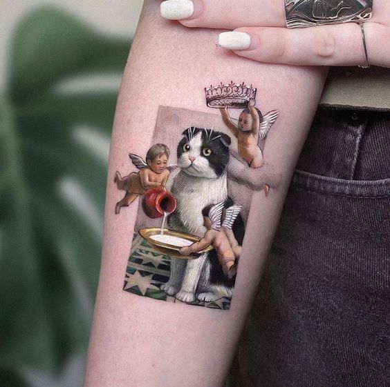 Cherubs Serving the Cat King Forearm Tattoos Tattoo on skin