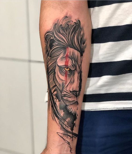Half Lion Head in a Comic Book Style forearm tattoo Tattoo on skin