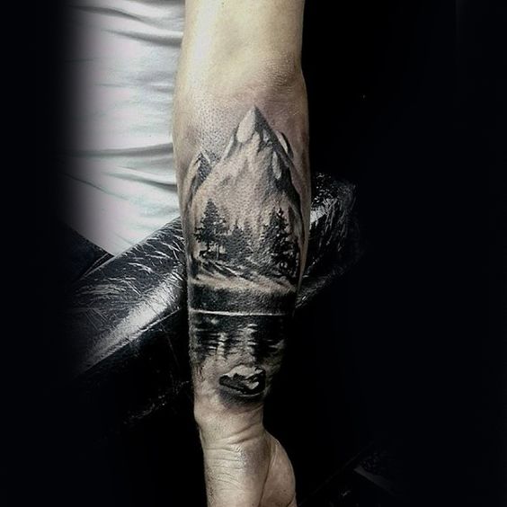 Landscape of a Lake and Mountain Cool Forearm Tattoos Tattoo on skin