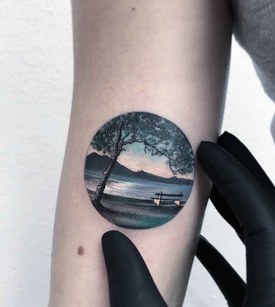 Landscape with Bench and Lake Forearm Tattoo Ideas Tattoo on skin