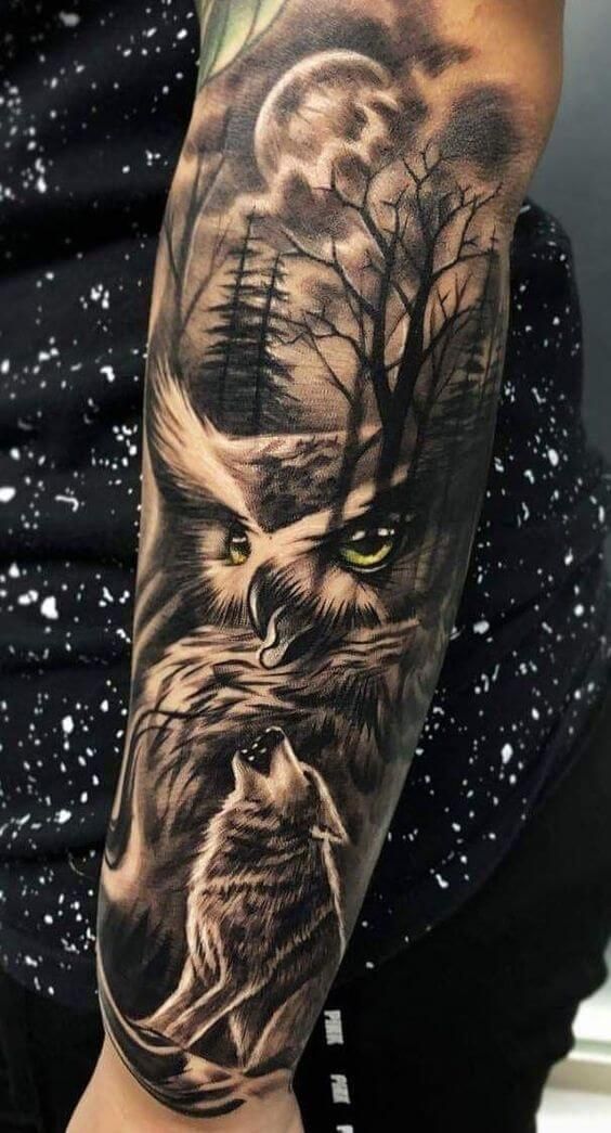 Owl and Wolf Under the Moon Forearm Tattoo Tattoo on skin