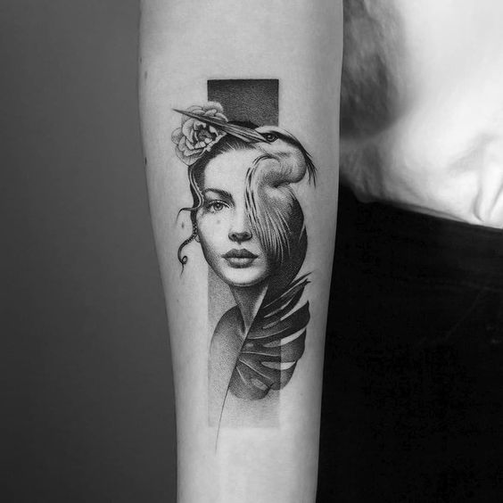 Portrait of a Woman and Bird Cool Forearm Tattoos Tattoo on skin