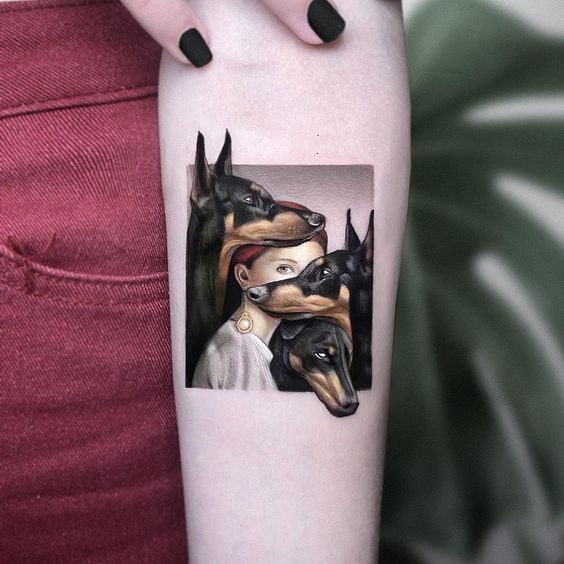 Portrait with Three Nosy Dogs Tattoo on skin