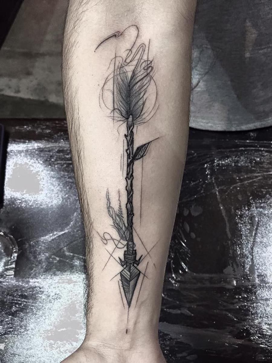 Sketchy Arrow with Soft Fletching forearm tattoo Tattoo on skin