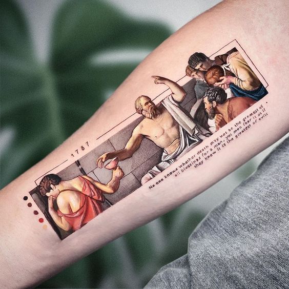 The Death of Socrates and Quote forearm tattoo Tattoo on skin
