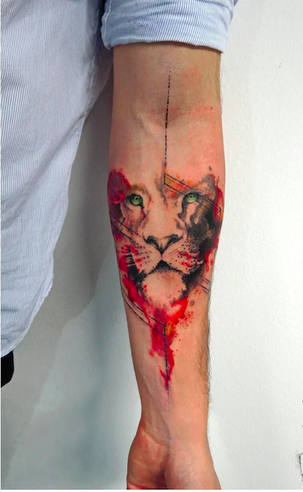 Watercolor Minimalist Lion Tattoo forearm tattoos