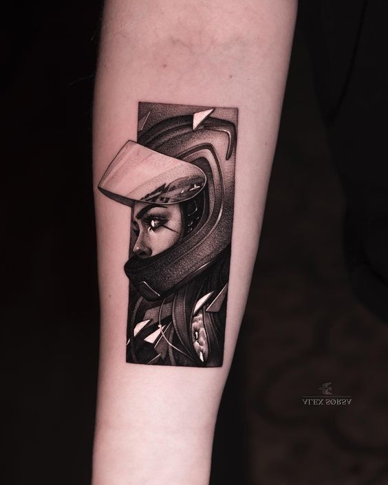 Woman in a Motorcycle Helmet forearm tattoo Tattoo on skin