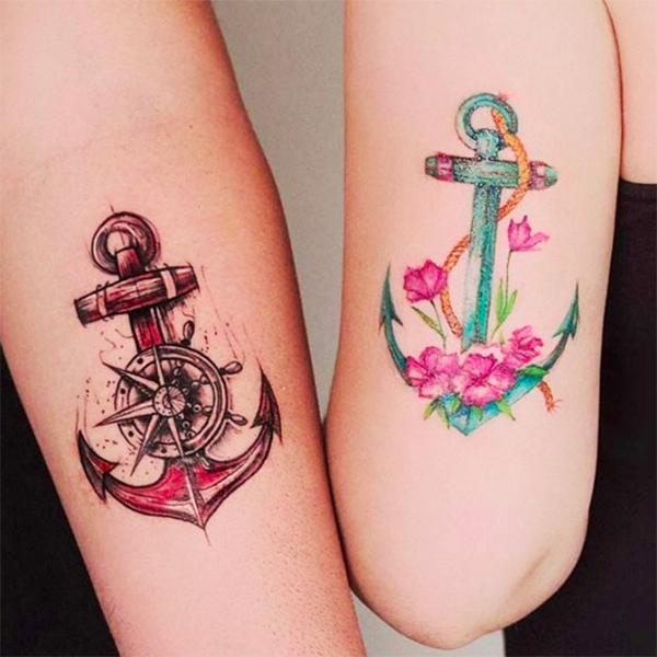 Anchors in Two Styles Friendship Tattoos Tattoo on skin
