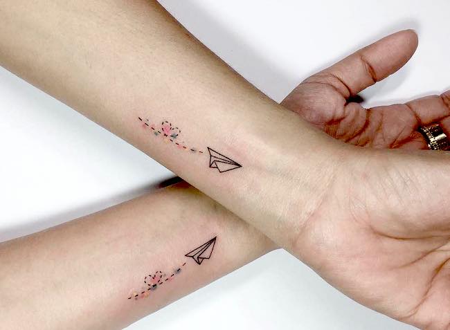Matching Paper Airplane Wrist Best Friend Tattoos Tattoo on skin