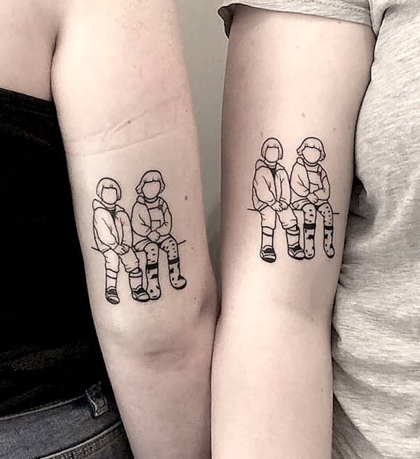 Recreated Cartoon-Style Childhood Photo Matching Tattoos for Best Friends Tattoo on skin