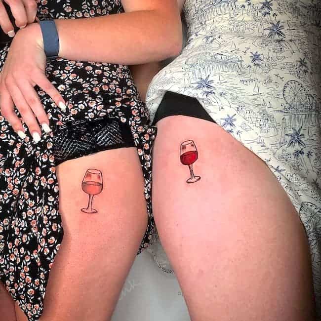 Red and Rosé Matching Wine Glass Hip Friend Tattoo Tattoo on skin