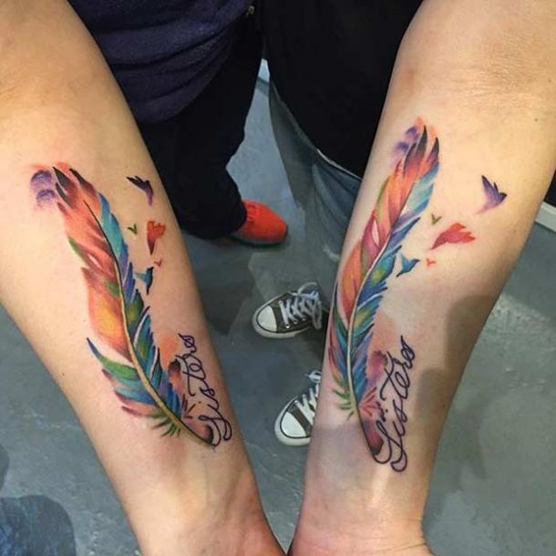 “Sisters” Birds of a Feather Matching Tattoos Tattoo on skin