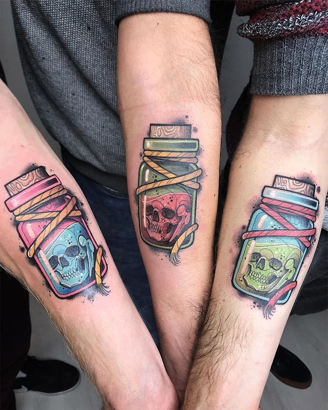 Skulls in a Bottle Coordinating Friend Tattoo Tattoo on skin