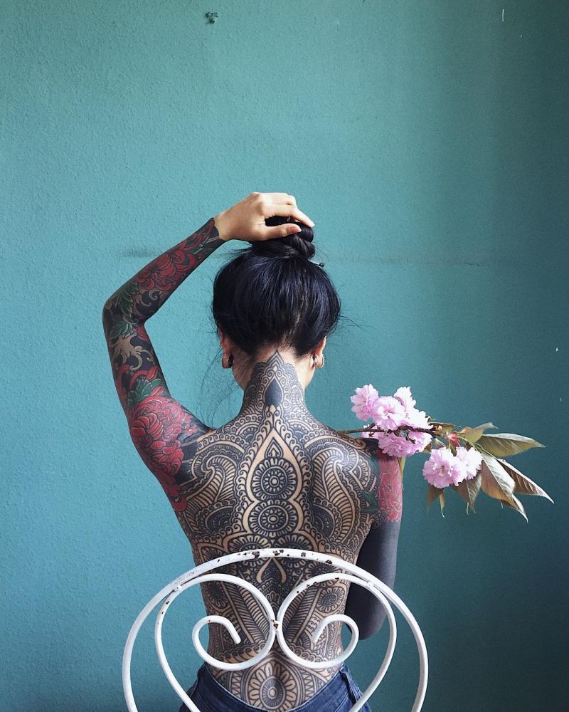 Mehndi Back and Japanese Chrysanthemum Arms Tattoo Design Tattoo on skin