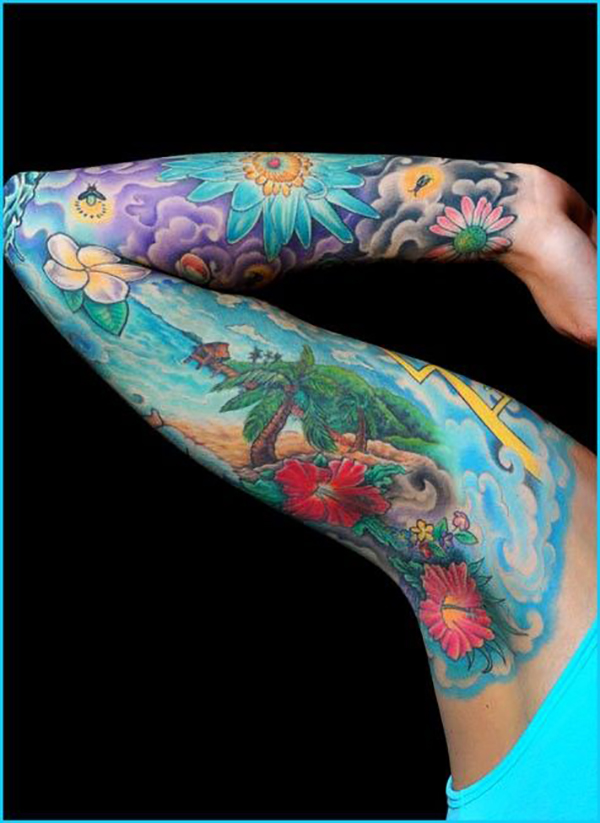 Tropical Paradise Arm Half Sleeve Tattoo Tattoo on skin