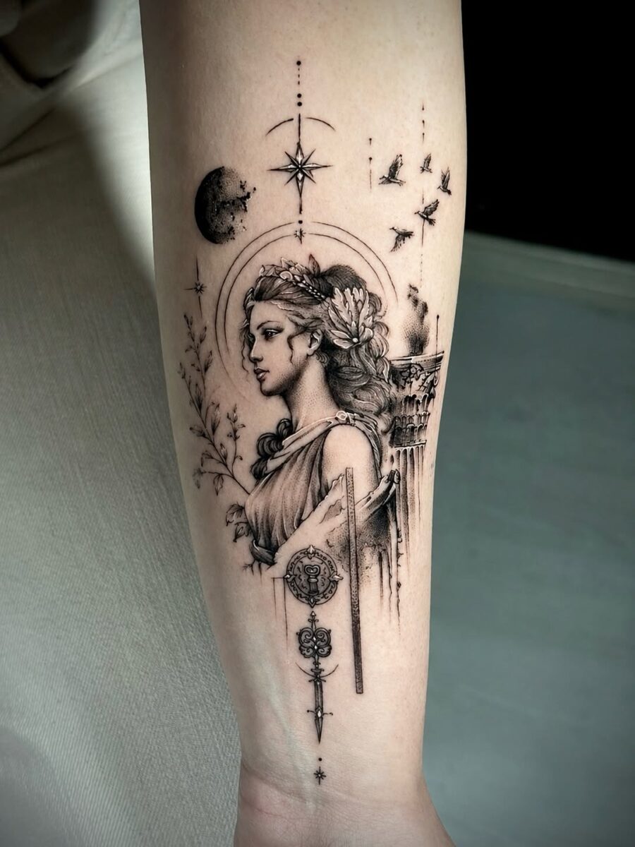 Elegant depiction of a Greek goddess tattoo Tattoo on skin