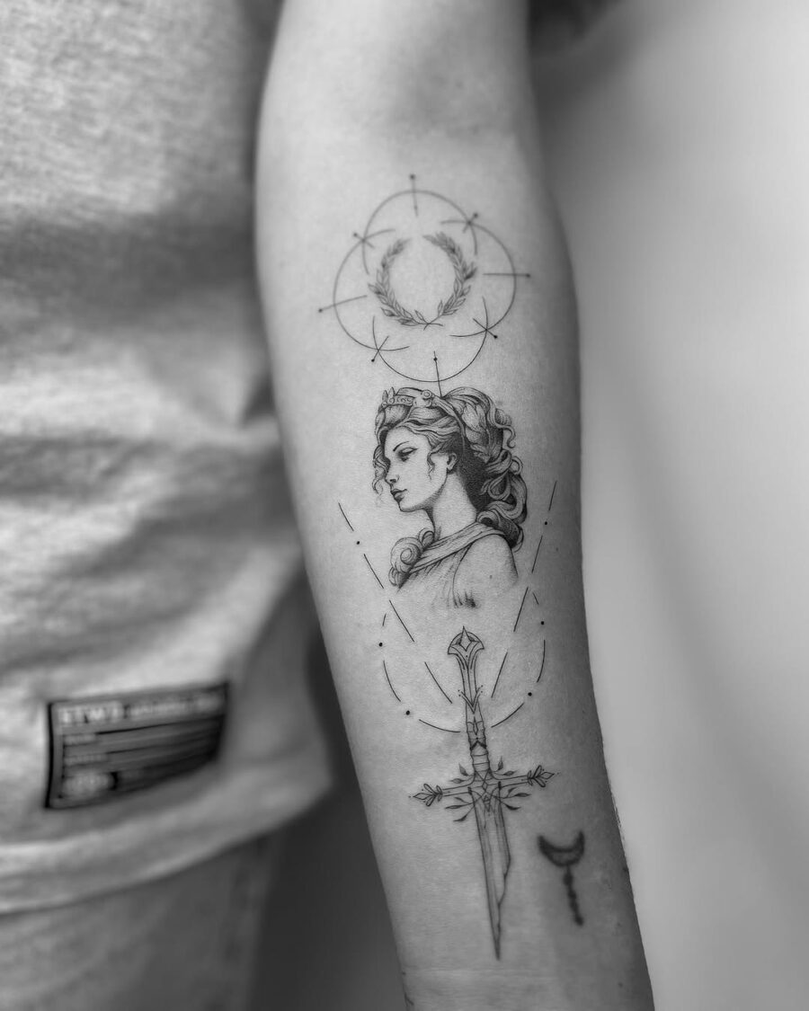 Elegant Greek goddess tattoo with intricate designs Tattoo on skin