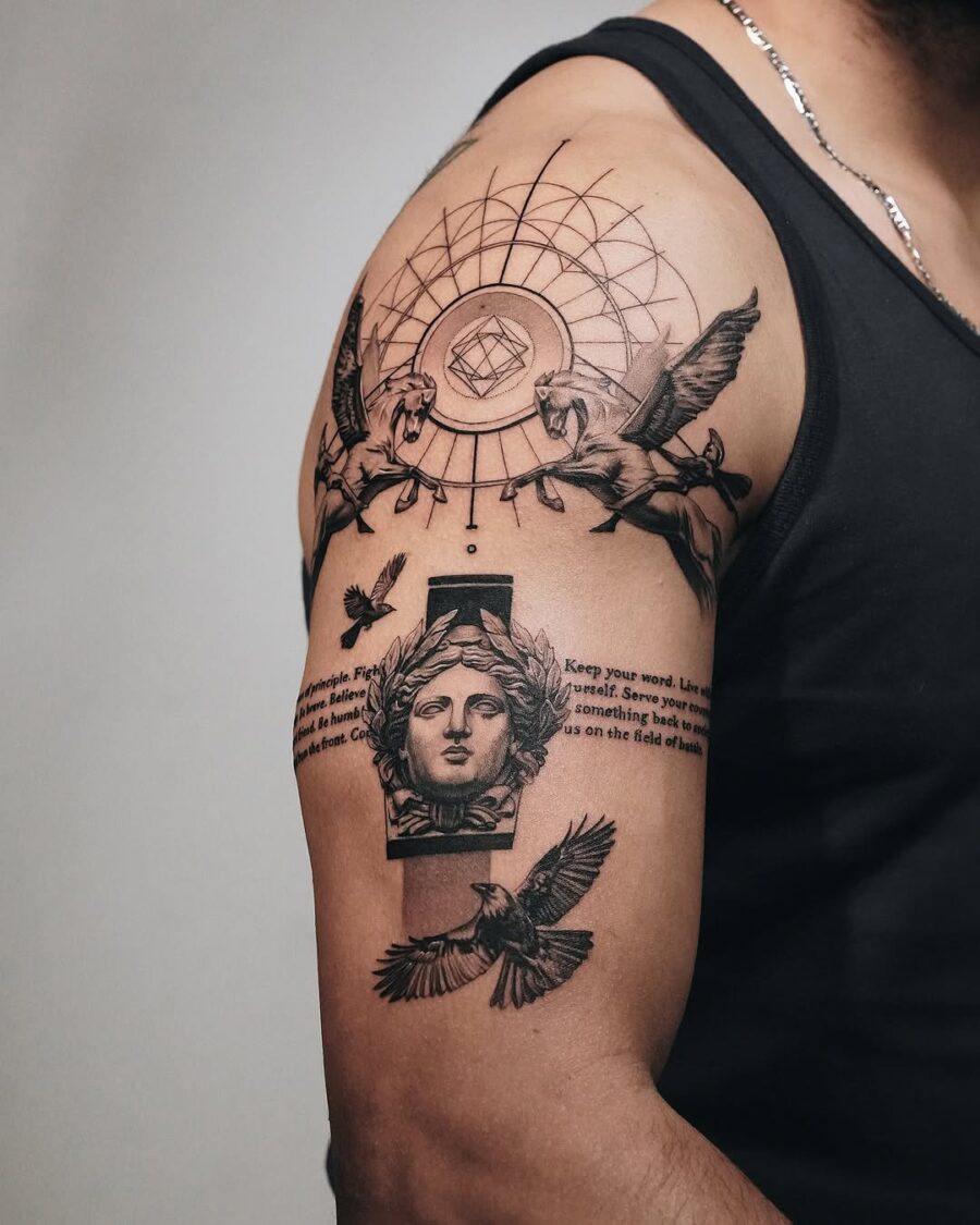 Intricate design of Greek mythology on arm Tattoo on skin