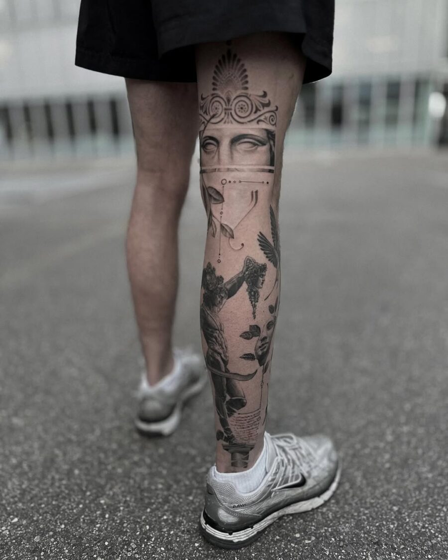 Intricate Greek god tattoo design on leg Tattoo on skin