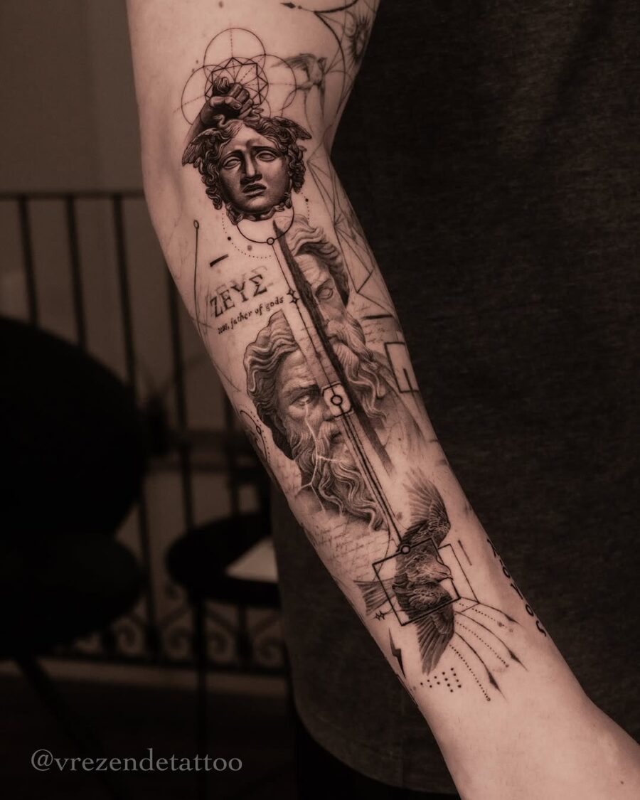 Intricate Greek gods tattoo showcasing mythological themes Tattoo on skin