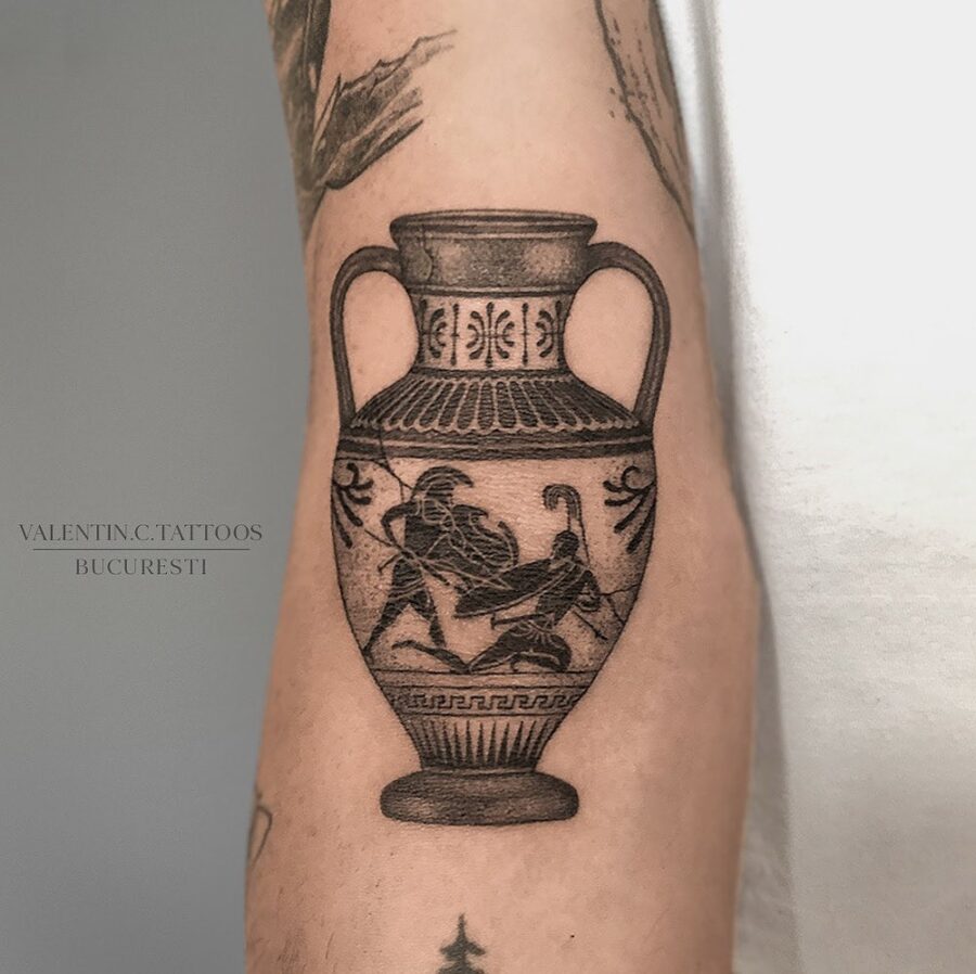 Intricate Greek vase tattoo depicting mythology. Tattoo on skin