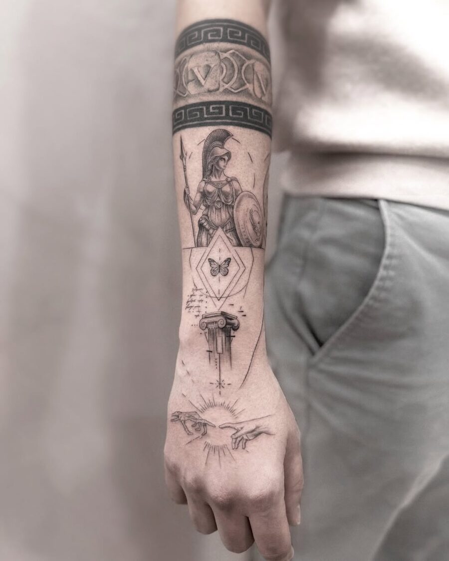Intricate spartan warrior tattoo with shield Tattoo on skin