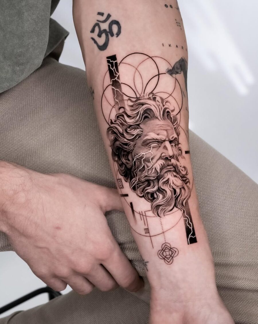Intricate Zeus Tattoo with Abstract Elements Tattoo on skin