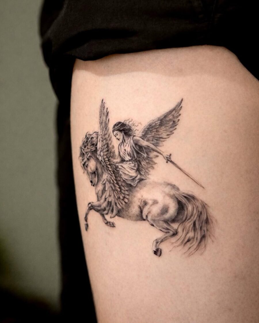 Winged goddess tattoo riding a majestic horse Tattoo on skin