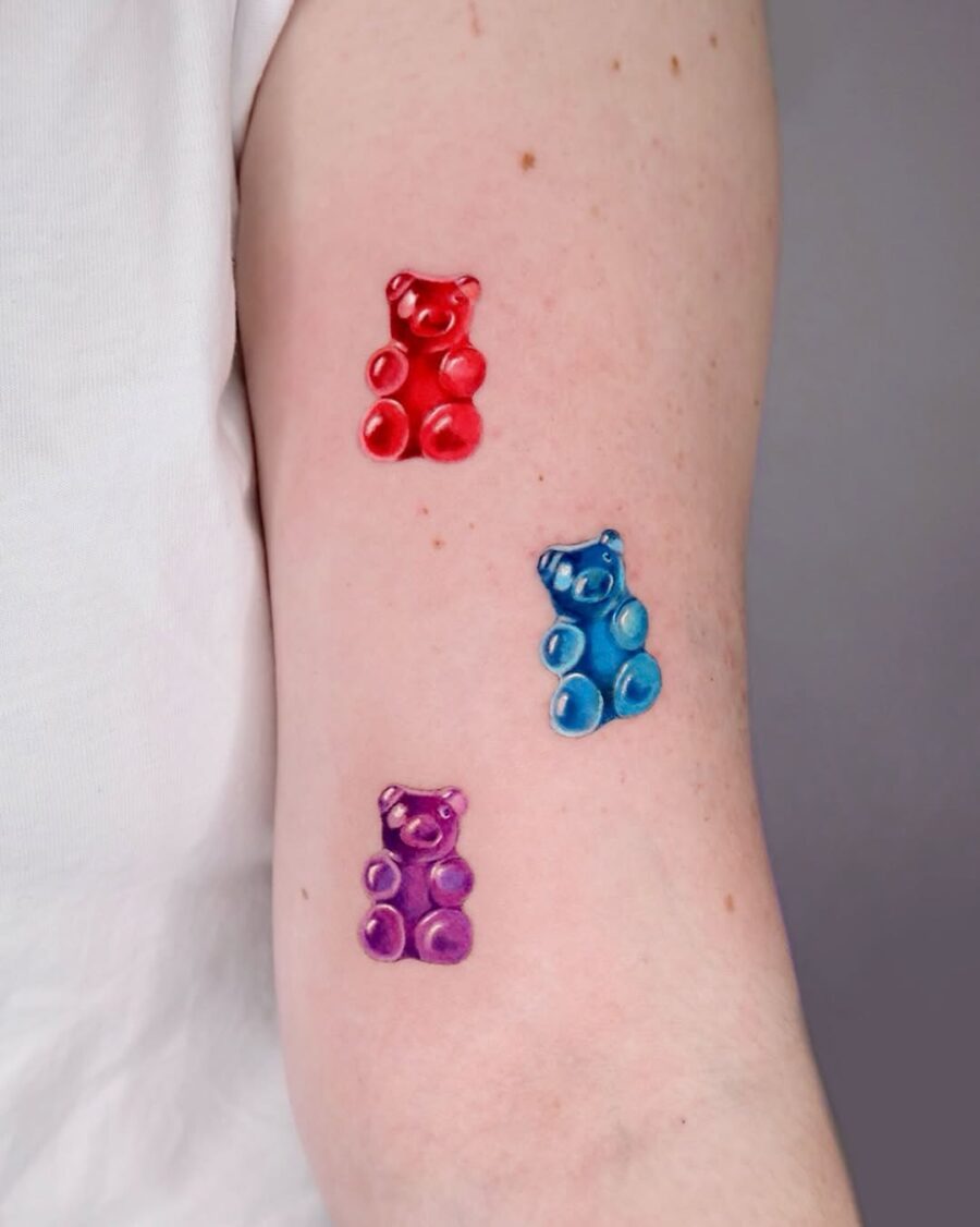 Colorful gummy bear tattoos for playful vibes Tattoo on skin