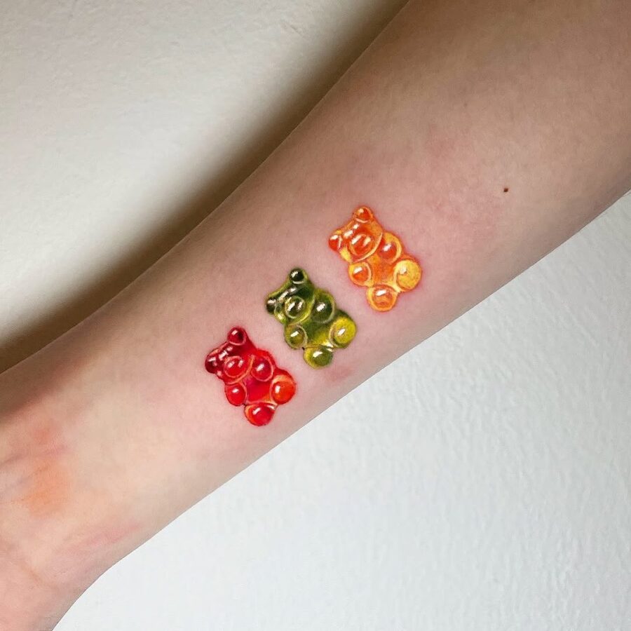 Colorful gummy bear tattoos for sweetie lovers Tattoo on skin