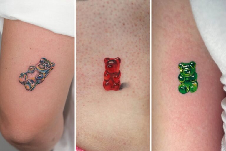 35+ Gummy Bear Tattoo Ideas Dripping With Candy-Coated Pop Nostalgia Featured 3-Panel Lookbook Collage