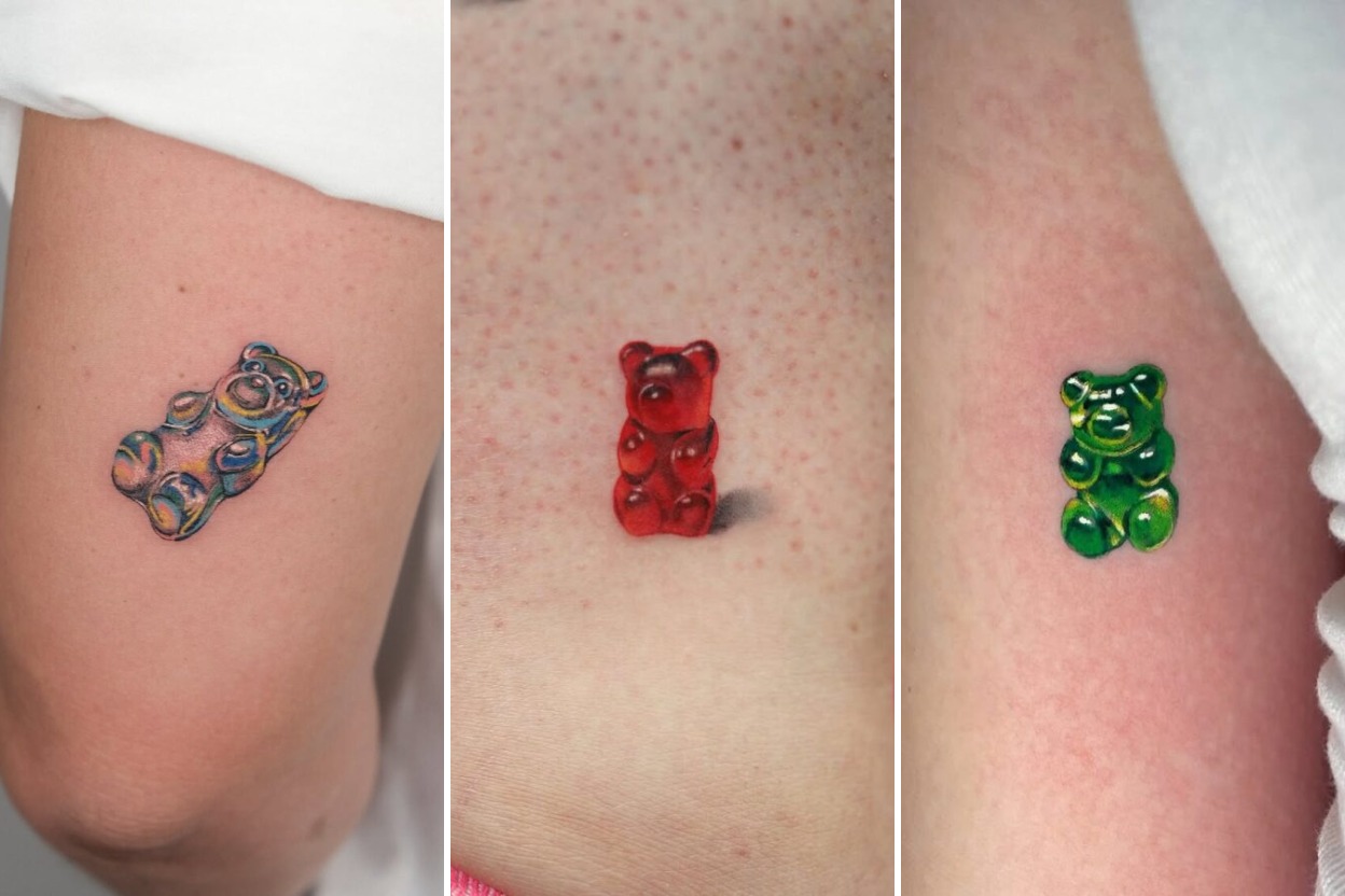 35+ Gummy Bear Tattoo Ideas Dripping With Candy-Coated Pop Nostalgia Featured 3-Panel Lookbook Collage