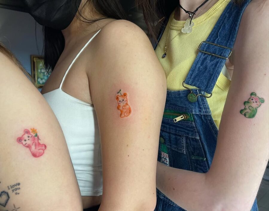 Fun and playful gummy bear tattoos on friends Tattoo on skin