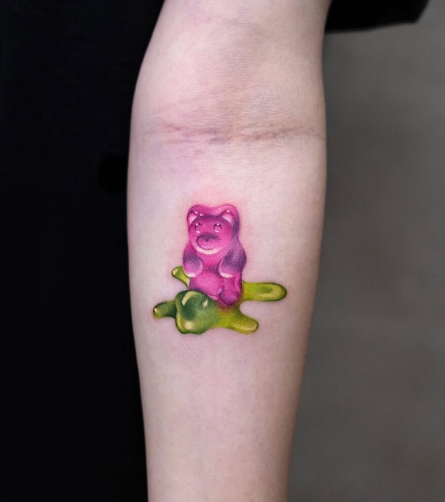 Whimsical gummy bear tattoo bursting with color Tattoo on skin