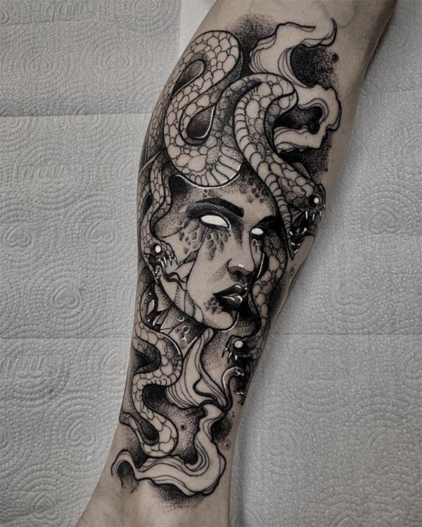 Reptile-Haired Woman Tattoo Idea for the Free-Soul Tattoo on skin